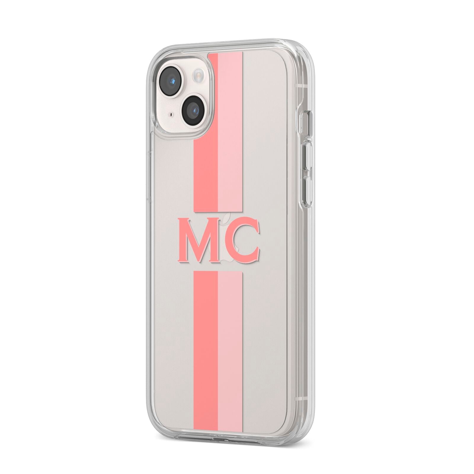 Personalised Transparent Striped Coral Pink iPhone 14 Plus Clear Tough Case Starlight Angled Image