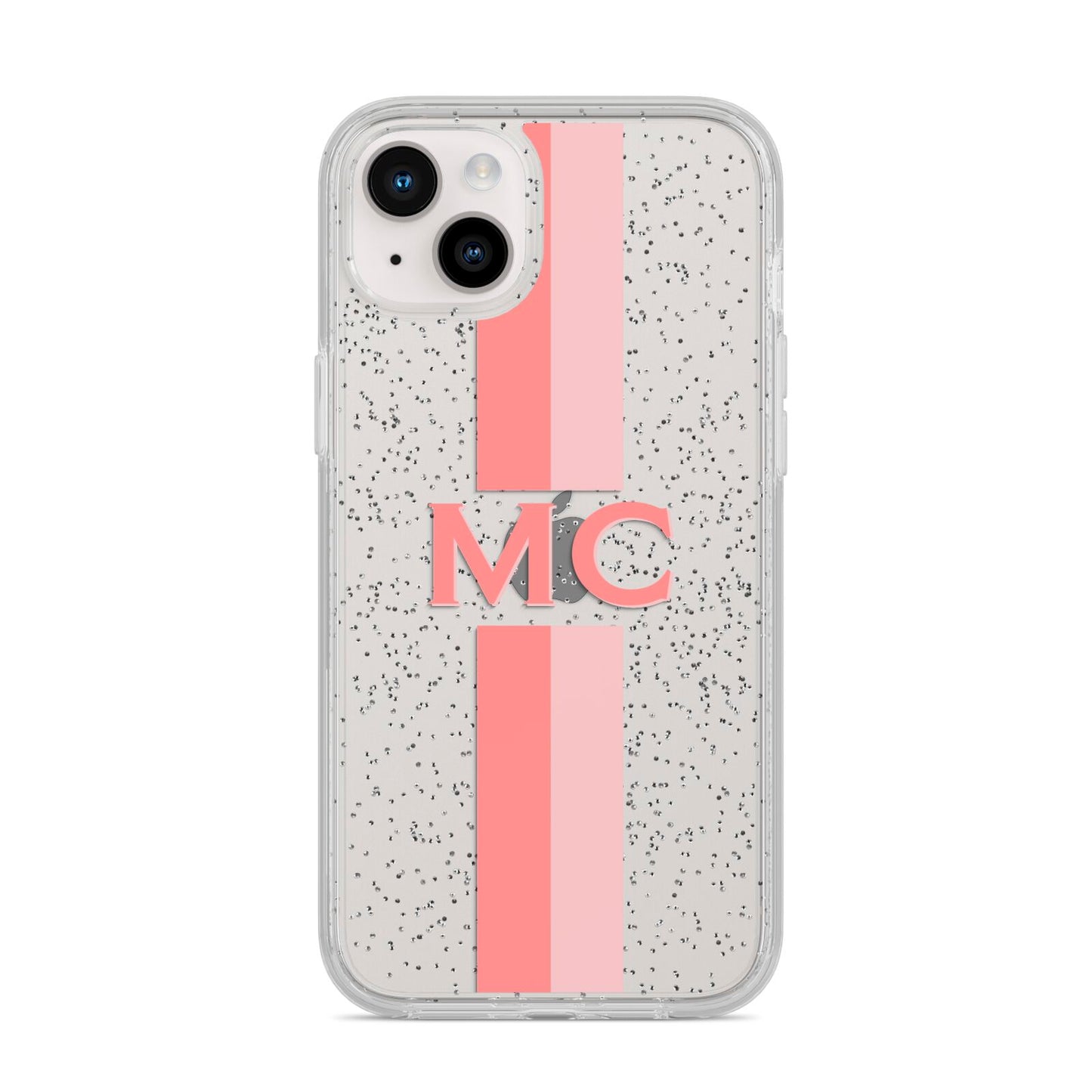 Personalised Transparent Striped Coral Pink iPhone 14 Plus Glitter Tough Case Starlight