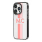 Personalised Transparent Striped Coral Pink iPhone 14 Pro Black Impact Case Side Angle on Silver phone