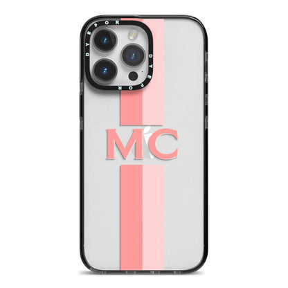 Personalised Transparent Striped Coral Pink iPhone 14 Pro Max Black Impact Case on Silver phone