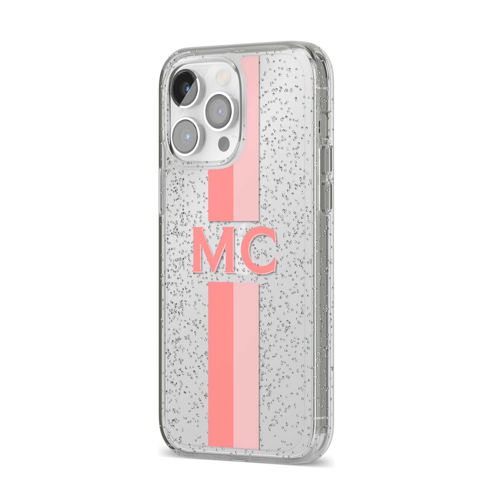 Personalised Transparent Striped Coral Pink iPhone 14 Pro Max Glitter Tough Case Silver Angled Image
