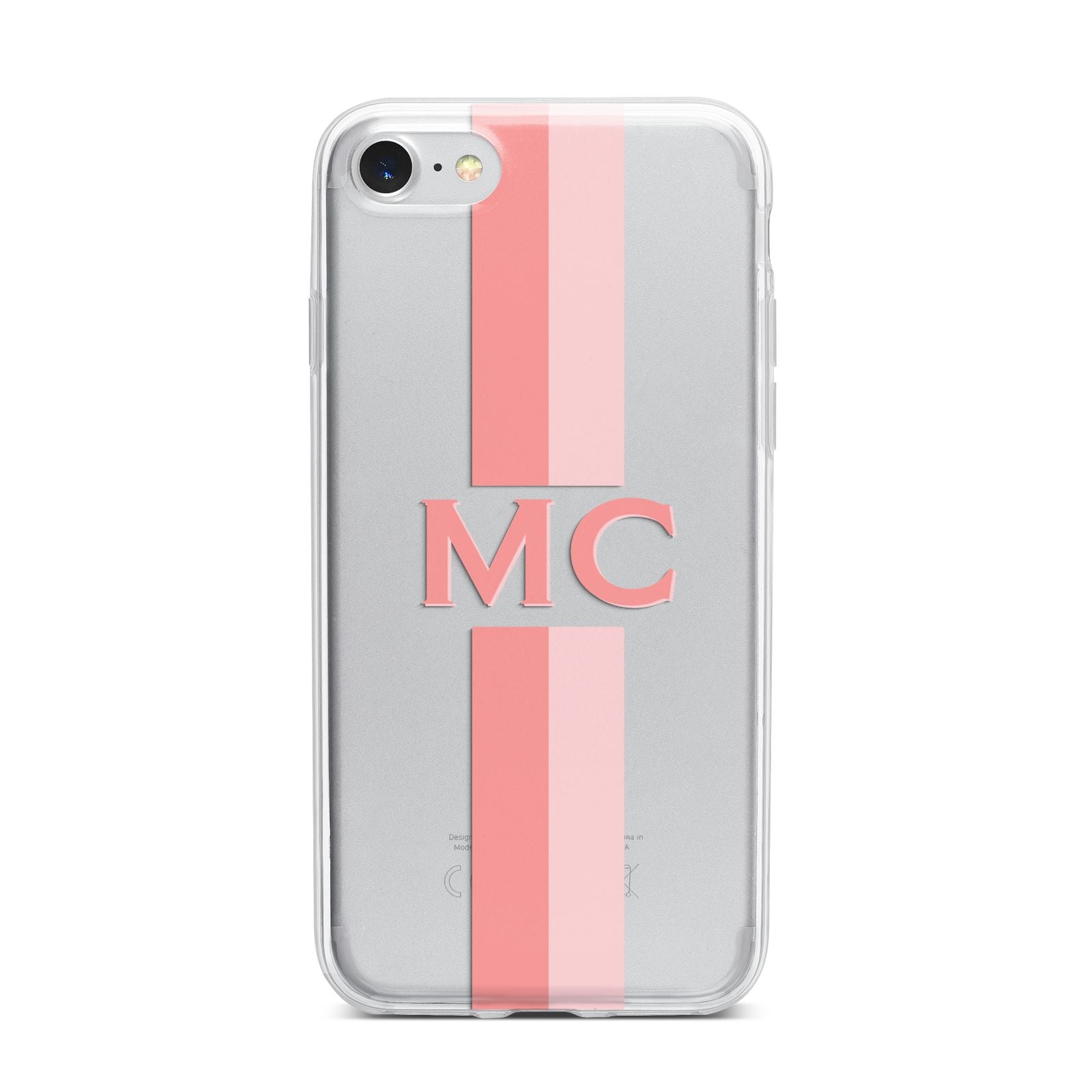 Personalised Transparent Striped Coral Pink iPhone 7 Bumper Case on Silver iPhone
