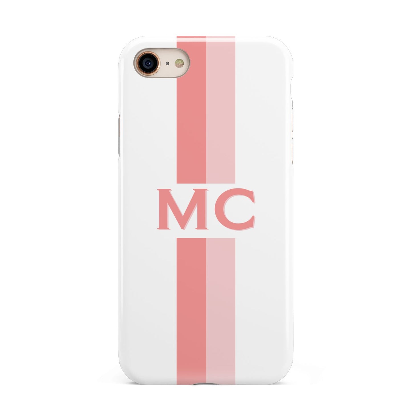 Personalised Transparent Striped Coral Pink iPhone 8 3D Tough Case on Gold Phone