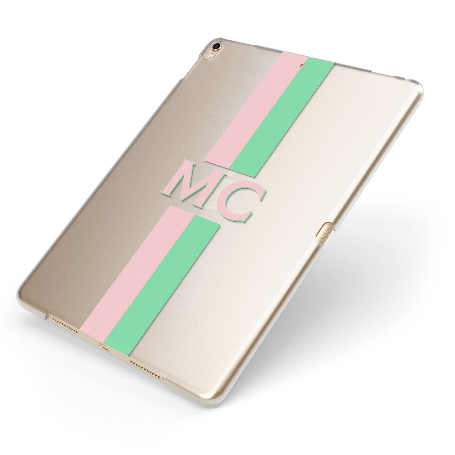 Personalised Transparent Striped Pink Green Apple iPad Case on Gold iPad Side View