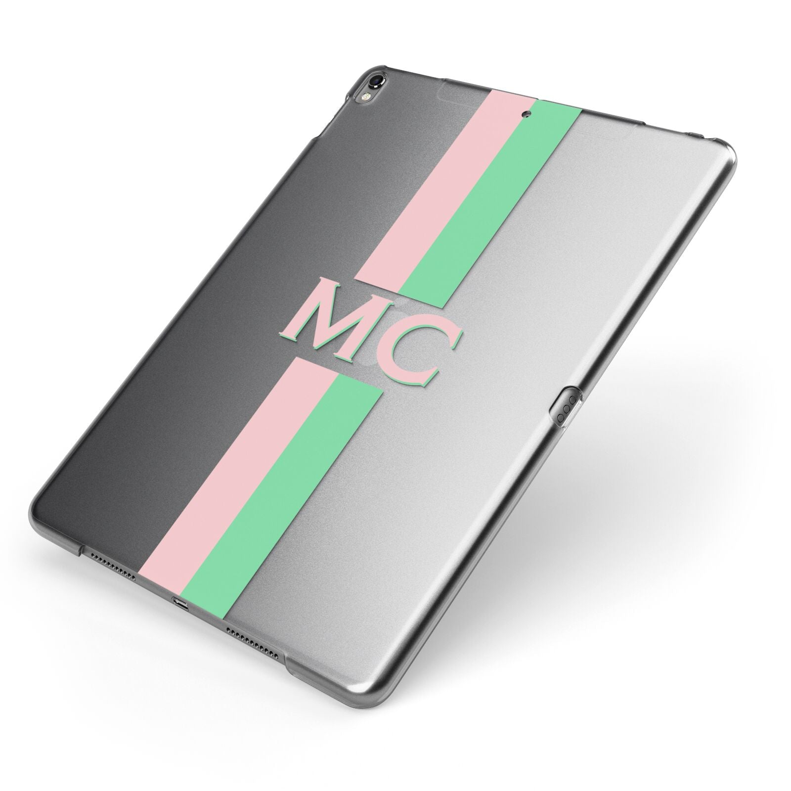 Personalised Transparent Striped Pink Green Apple iPad Case on Grey iPad Side View