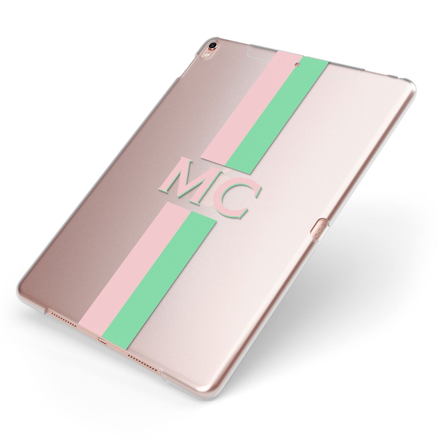 Personalised Transparent Striped Pink Green Apple iPad Case on Rose Gold iPad Side View