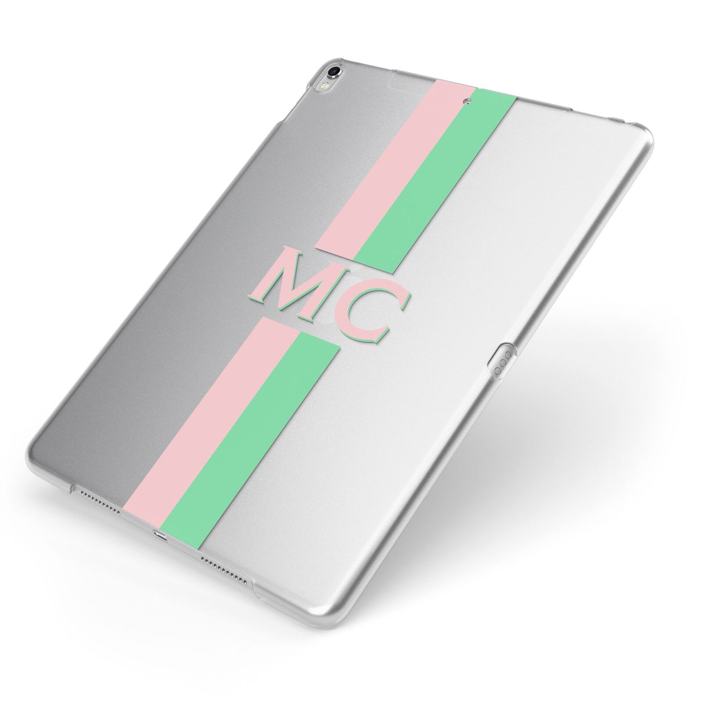 Personalised Transparent Striped Pink Green Apple iPad Case on Silver iPad Side View