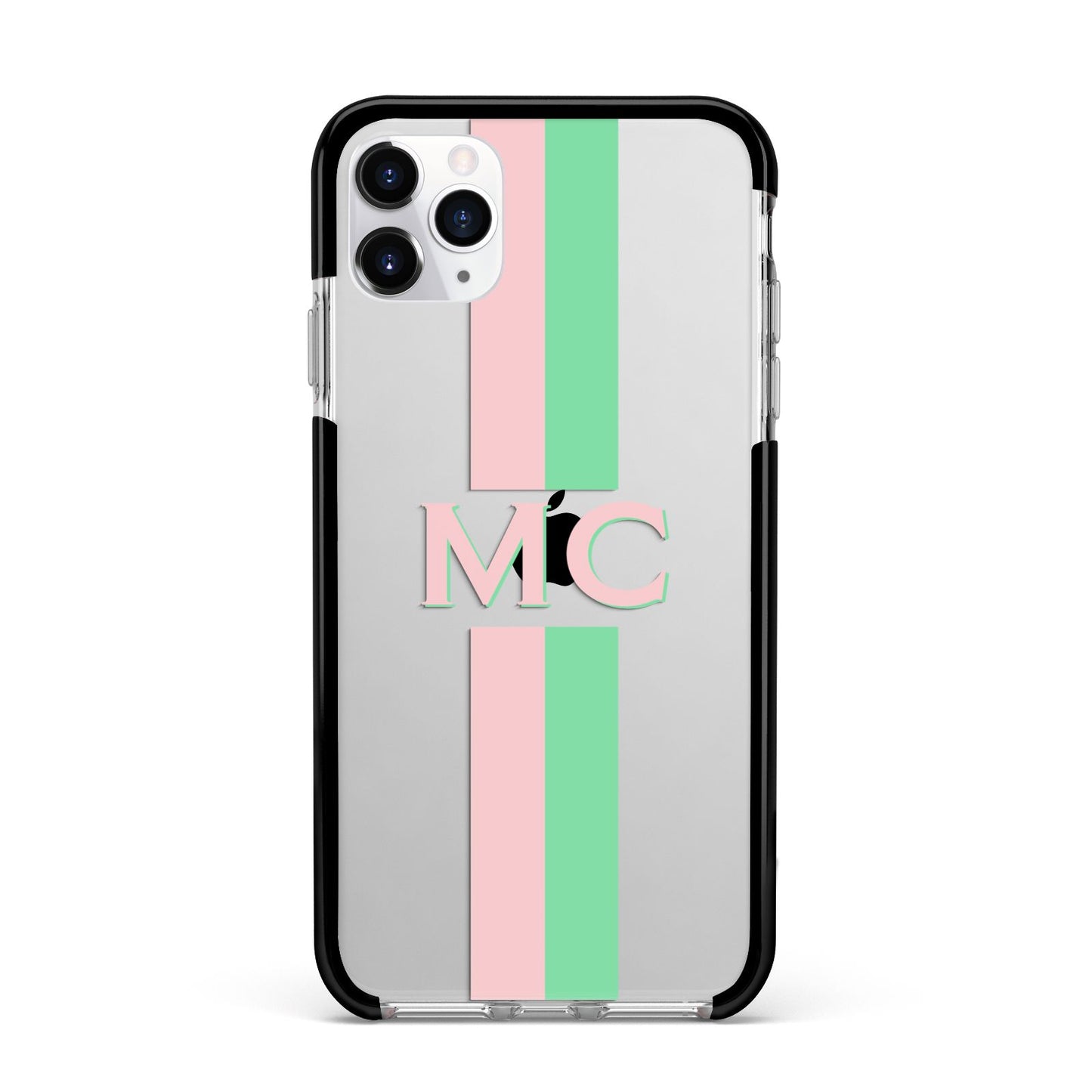 Personalised Transparent Striped Pink Green Apple iPhone 11 Pro Max in Silver with Black Impact Case