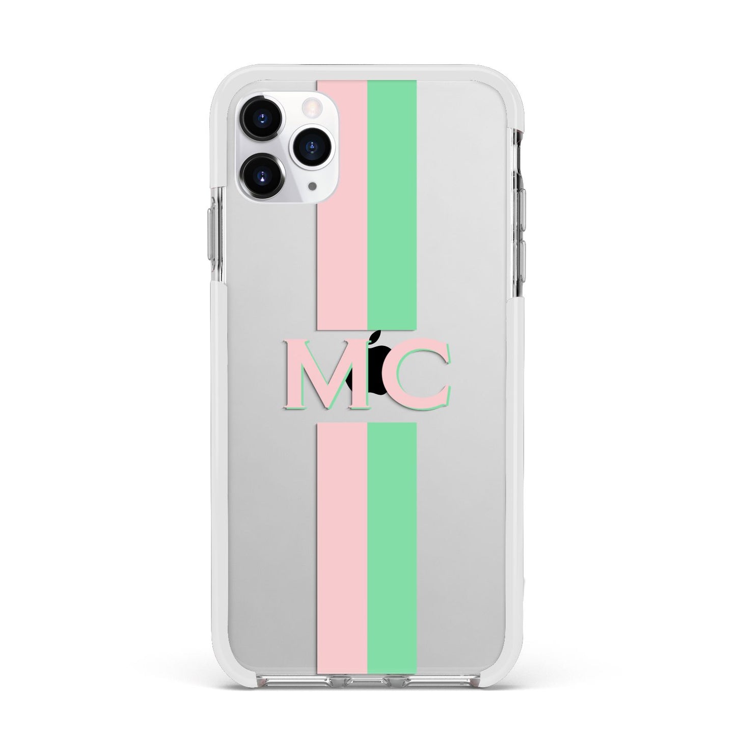 Personalised Transparent Striped Pink Green Apple iPhone 11 Pro Max in Silver with White Impact Case