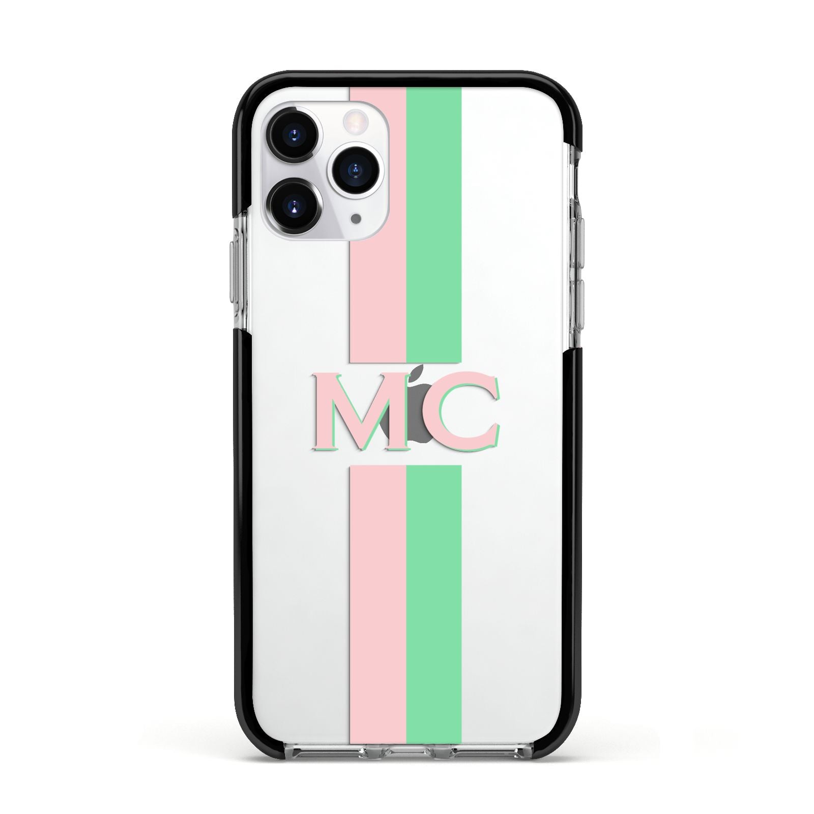 Personalised Transparent Striped Pink Green Apple iPhone 11 Pro in Silver with Black Impact Case
