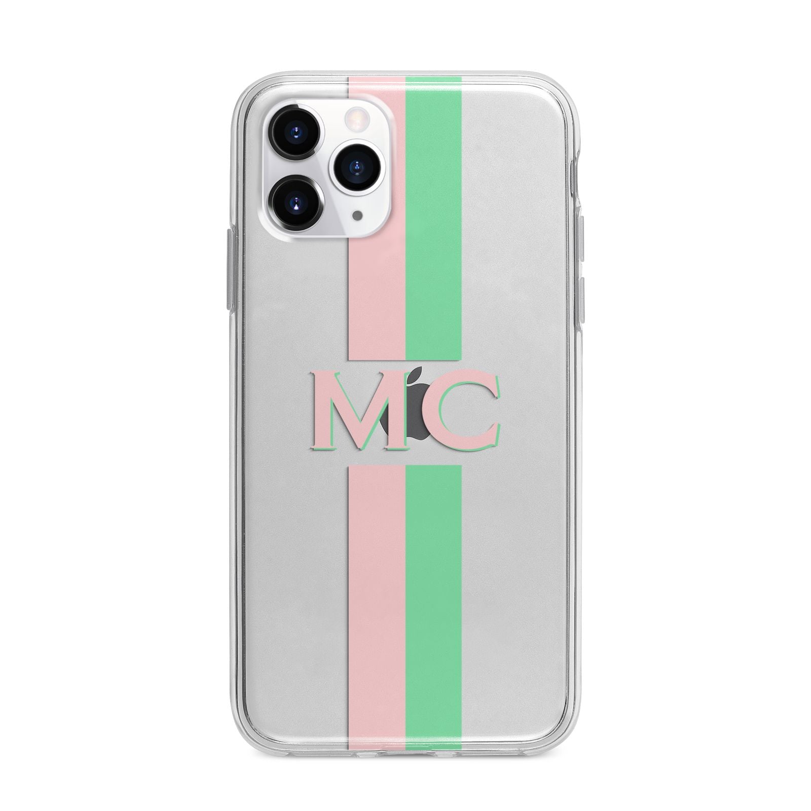 Personalised Transparent Striped Pink Green Apple iPhone 11 Pro in Silver with Bumper Case