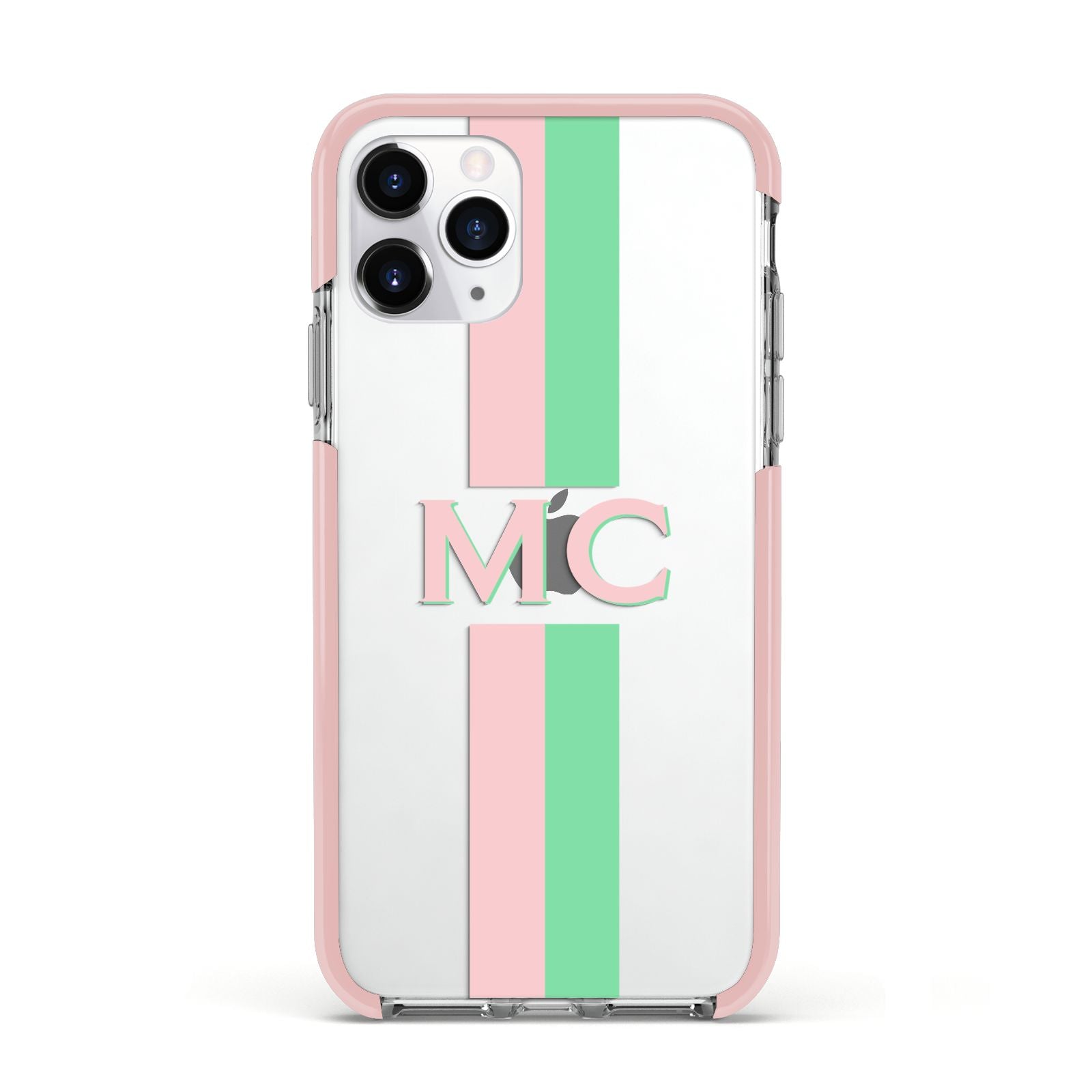 Personalised Transparent Striped Pink Green Apple iPhone 11 Pro in Silver with Pink Impact Case