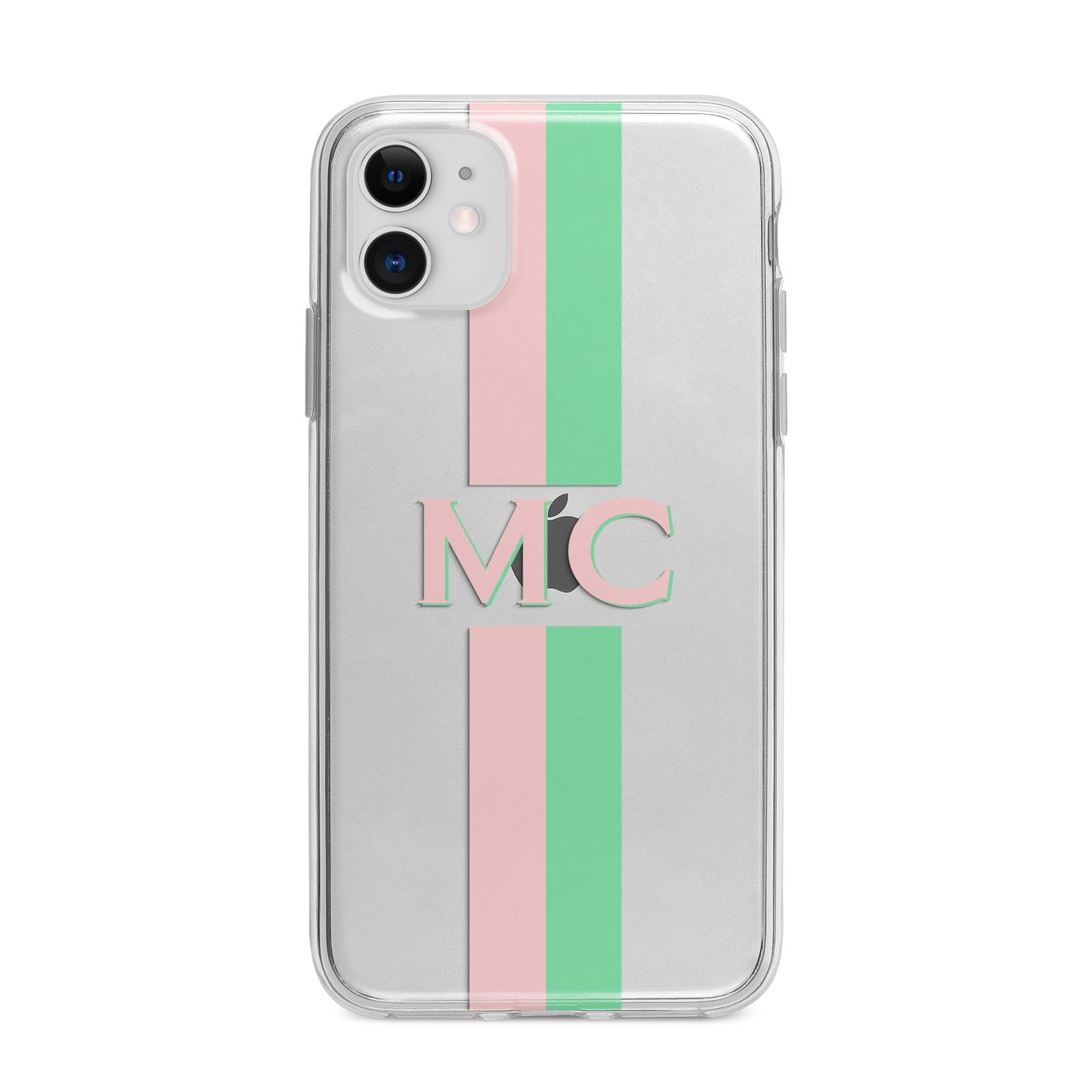 Personalised Transparent Striped Pink Green Apple iPhone 11 in White with Bumper Case