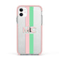 Personalised Transparent Striped Pink Green Apple iPhone 11 in White with Pink Impact Case