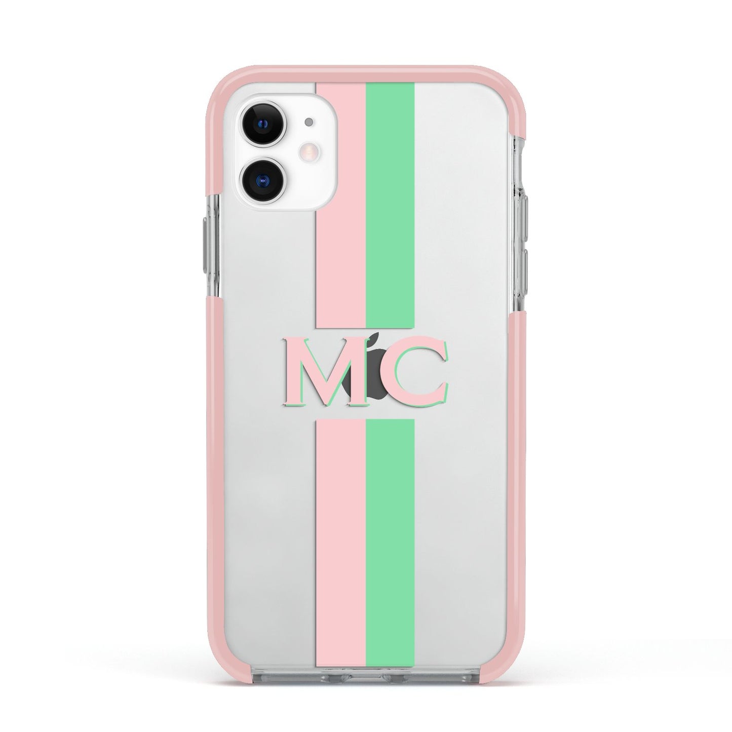 Personalised Transparent Striped Pink Green Apple iPhone 11 in White with Pink Impact Case