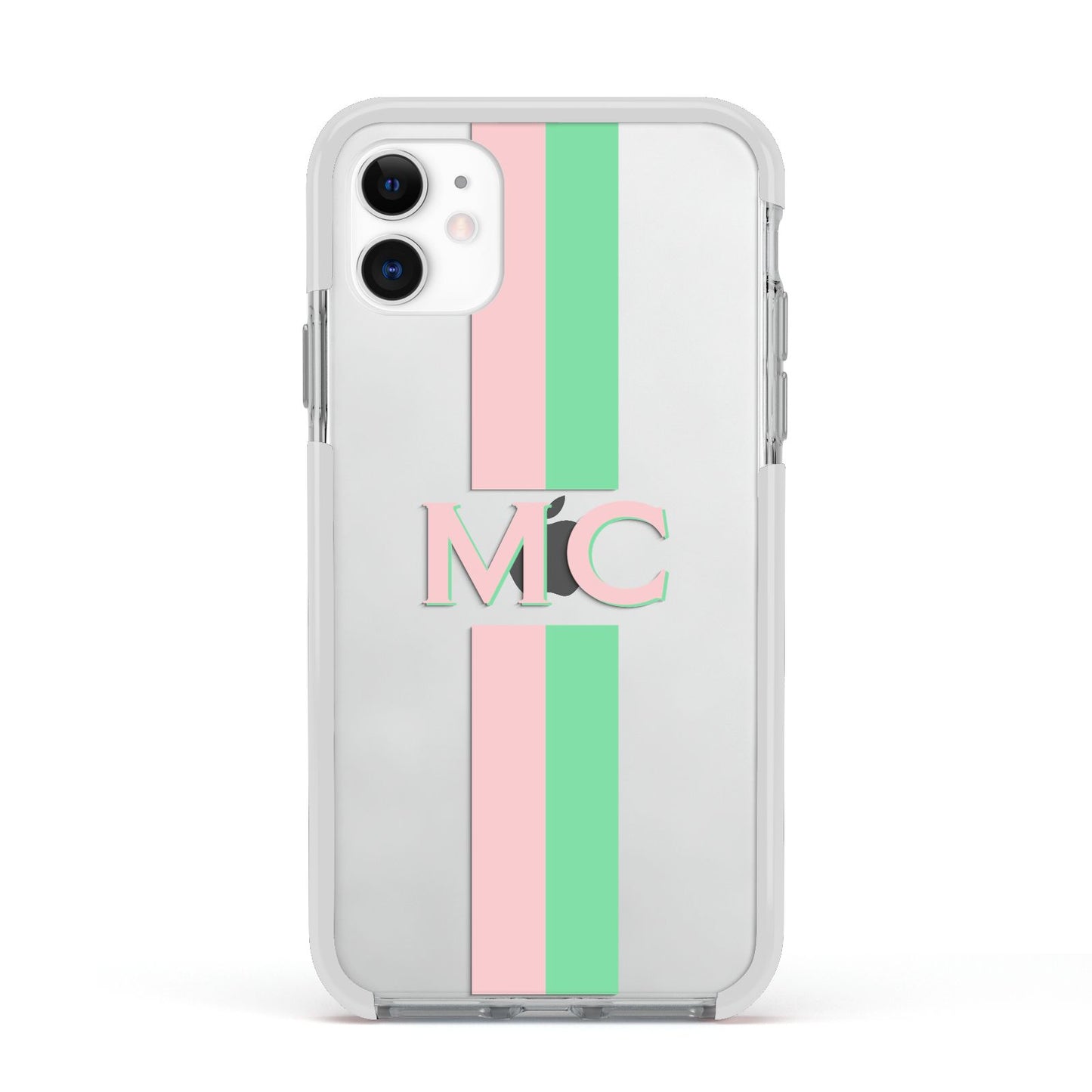 Personalised Transparent Striped Pink Green Apple iPhone 11 in White with White Impact Case