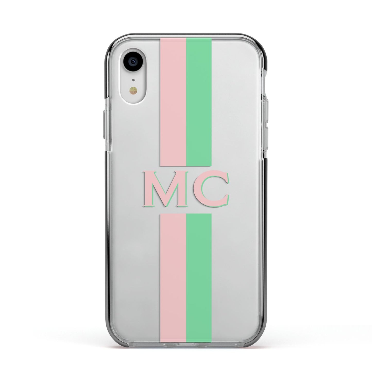 Personalised Transparent Striped Pink Green Apple iPhone XR Impact Case Black Edge on Silver Phone