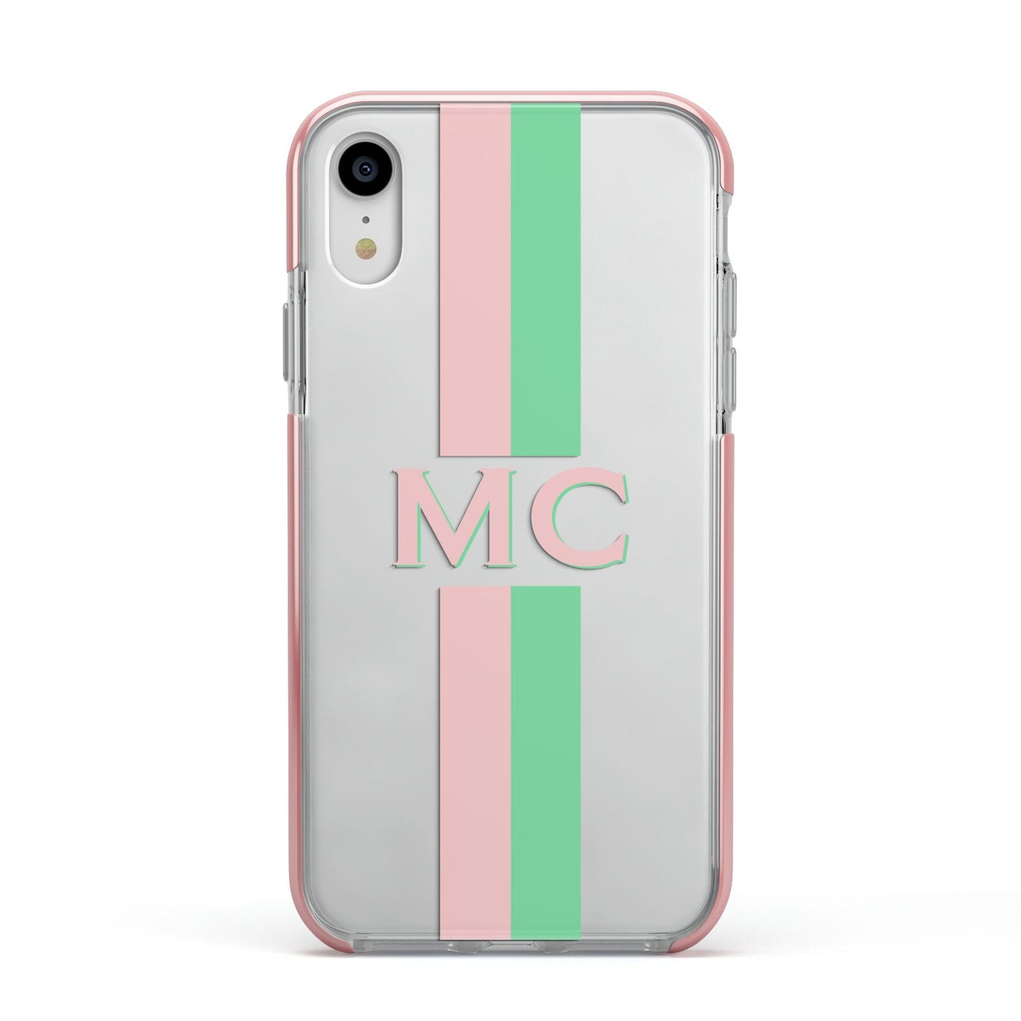 Personalised Transparent Striped Pink Green Apple iPhone XR Impact Case Pink Edge on Silver Phone