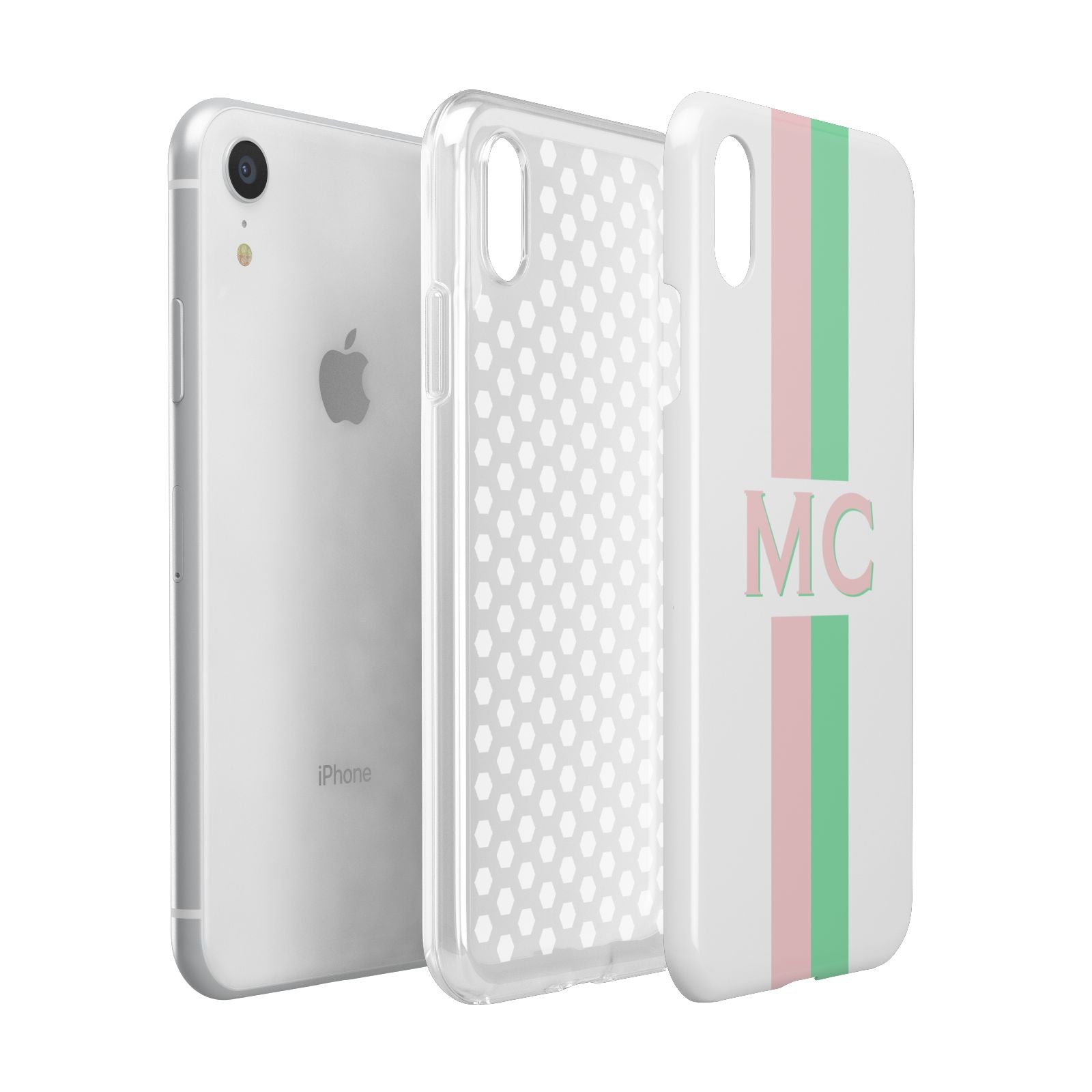 Personalised Transparent Striped Pink Green Apple iPhone XR White 3D Tough Case Expanded view