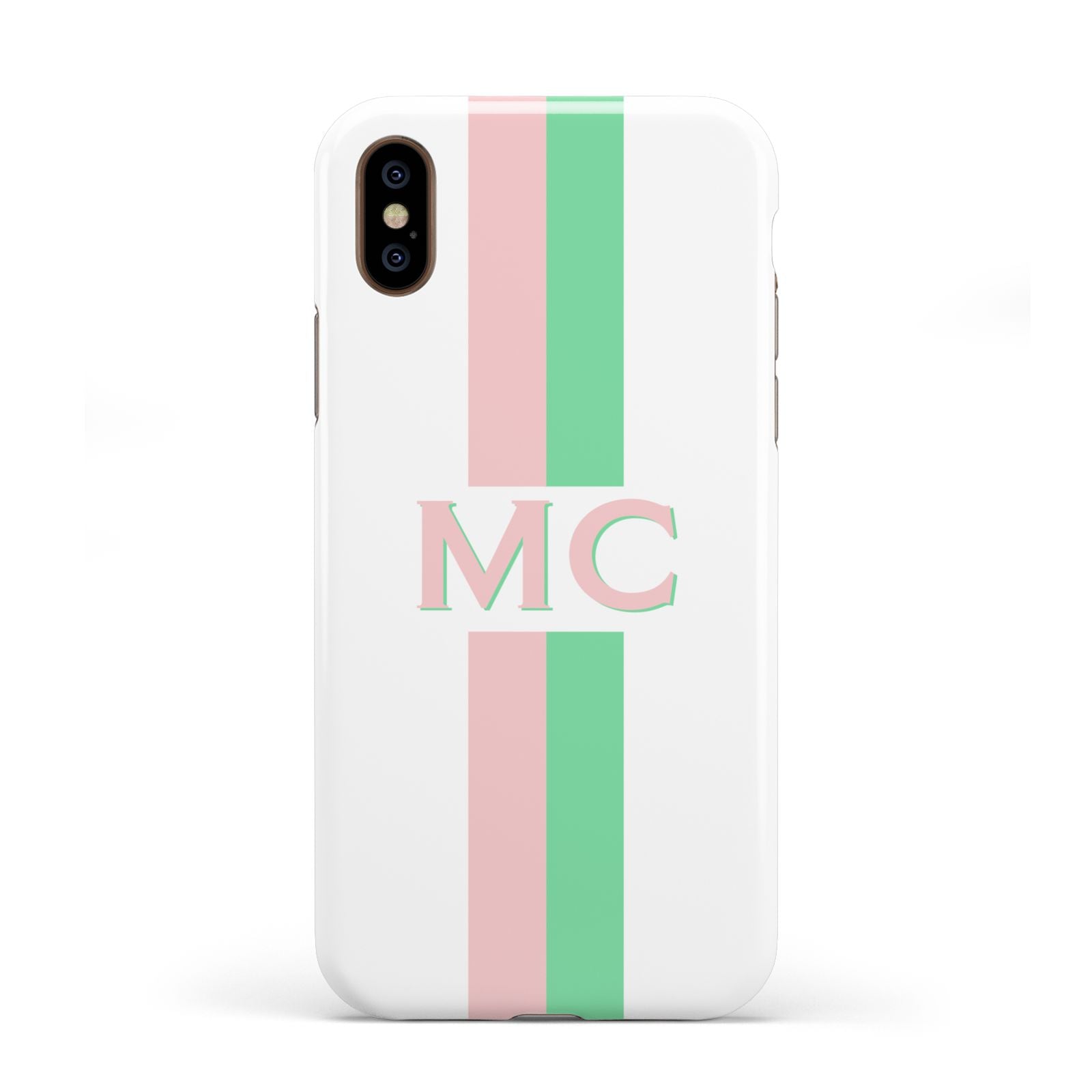 Personalised Transparent Striped Pink Green Apple iPhone XS 3D Tough