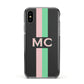 Personalised Transparent Striped Pink Green Apple iPhone Xs Impact Case Black Edge on Black Phone