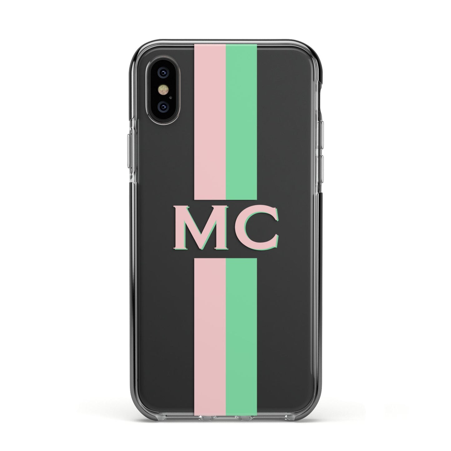 Personalised Transparent Striped Pink Green Apple iPhone Xs Impact Case Black Edge on Black Phone