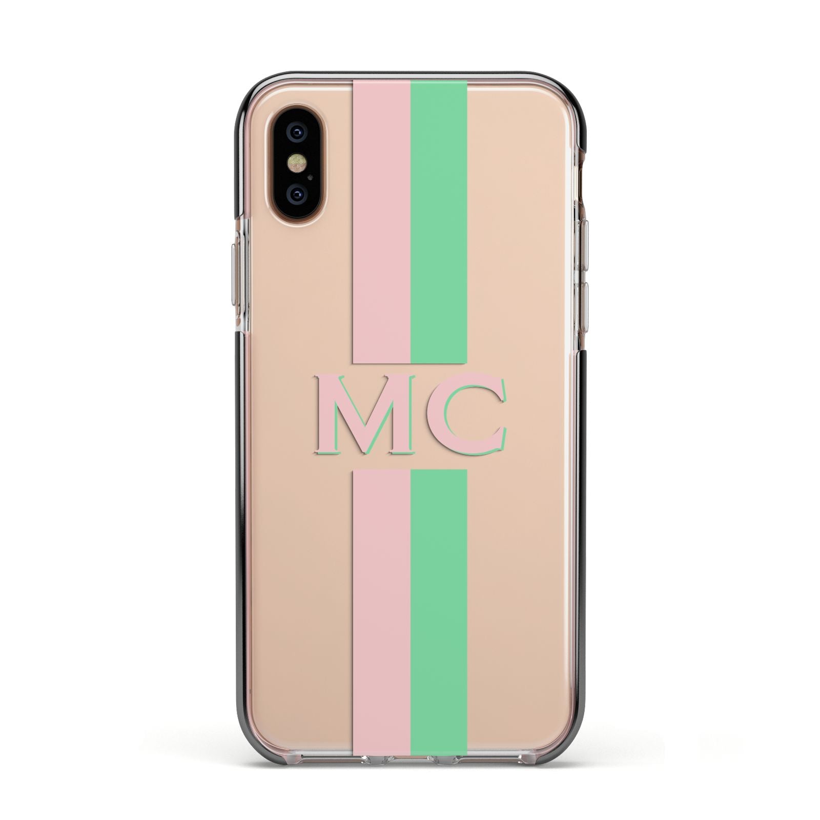 Personalised Transparent Striped Pink Green Apple iPhone Xs Impact Case Black Edge on Gold Phone