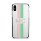 Personalised Transparent Striped Pink Green Apple iPhone Xs Impact Case Black Edge on Silver Phone