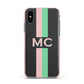 Personalised Transparent Striped Pink Green Apple iPhone Xs Impact Case Pink Edge on Black Phone
