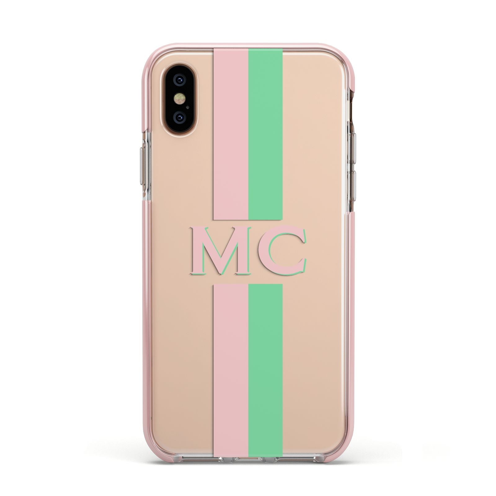 Personalised Transparent Striped Pink Green Apple iPhone Xs Impact Case Pink Edge on Gold Phone