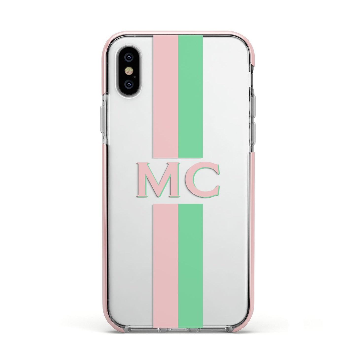 Personalised Transparent Striped Pink Green Apple iPhone Xs Impact Case Pink Edge on Silver Phone