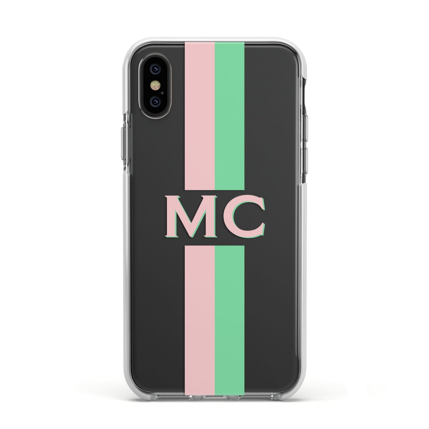 Personalised Transparent Striped Pink Green Apple iPhone Xs Impact Case White Edge on Black Phone