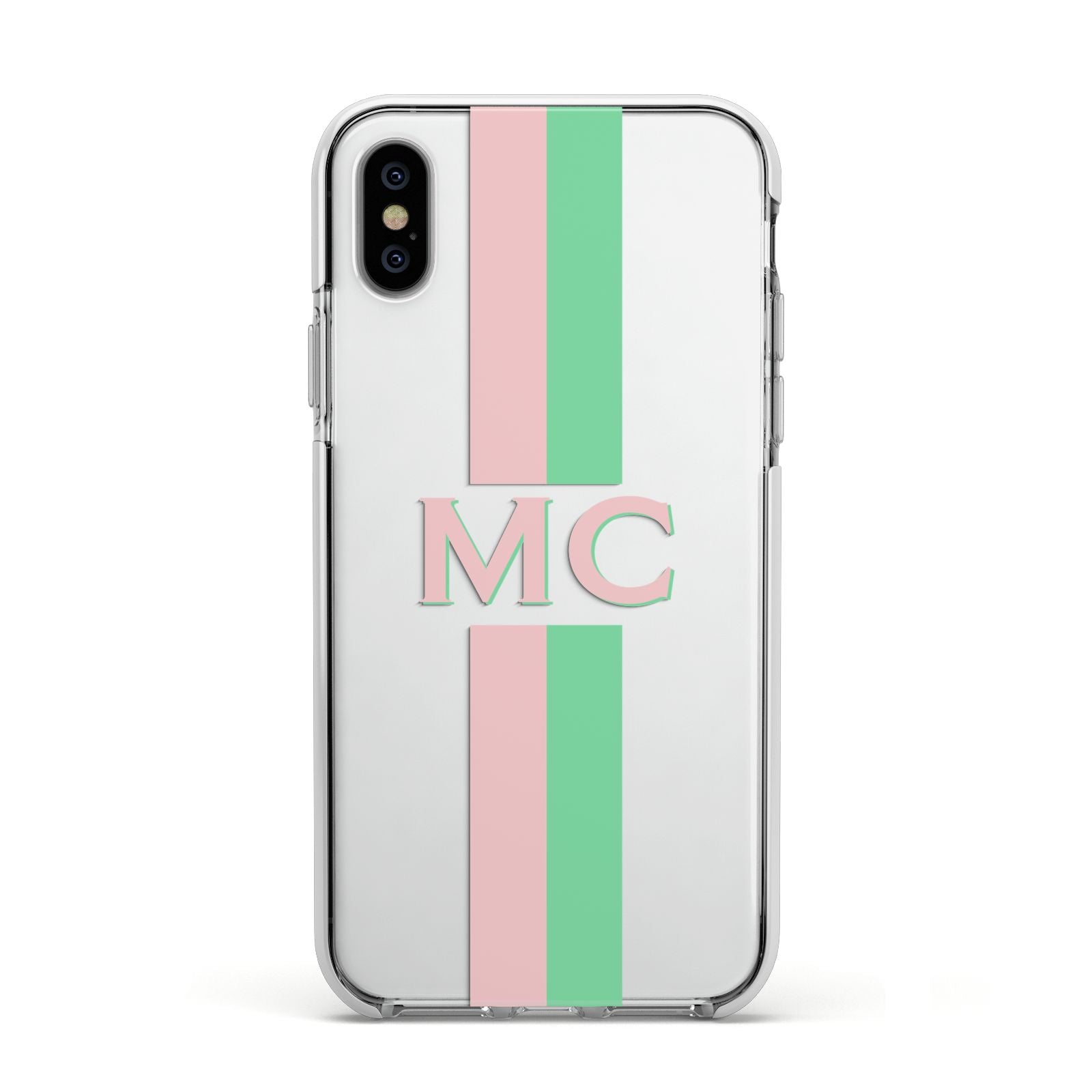 Personalised Transparent Striped Pink Green Apple iPhone Xs Impact Case White Edge on Silver Phone