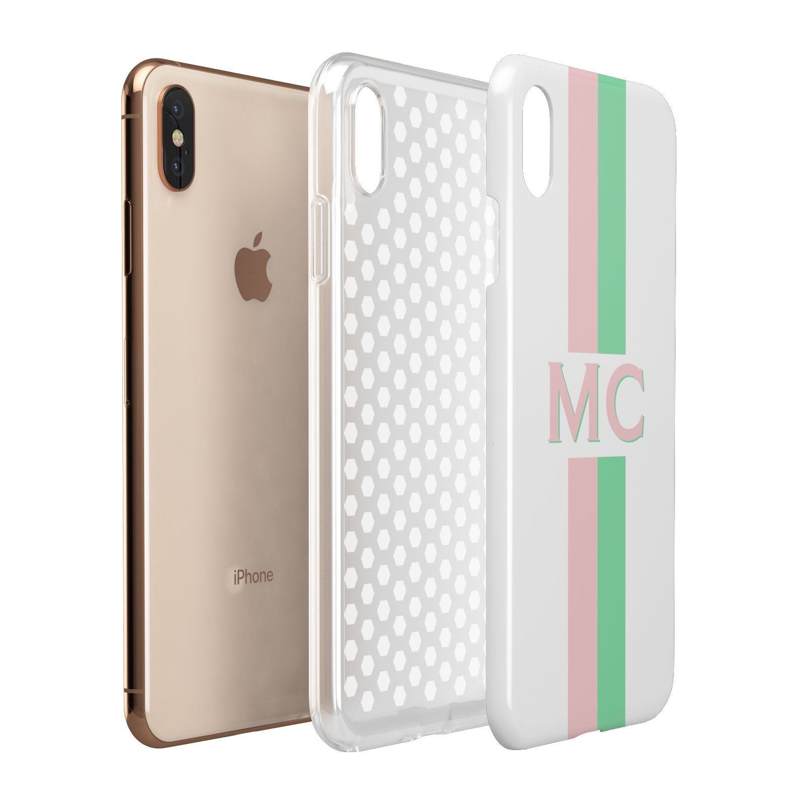 Personalised Transparent Striped Pink Green Apple iPhone Xs Max 3D Tough Case Expanded View