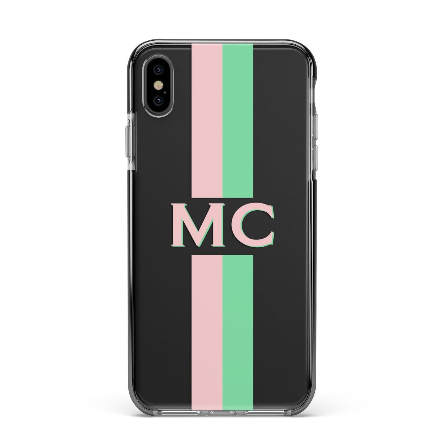 Personalised Transparent Striped Pink Green Apple iPhone Xs Max Impact Case Black Edge on Black Phone
