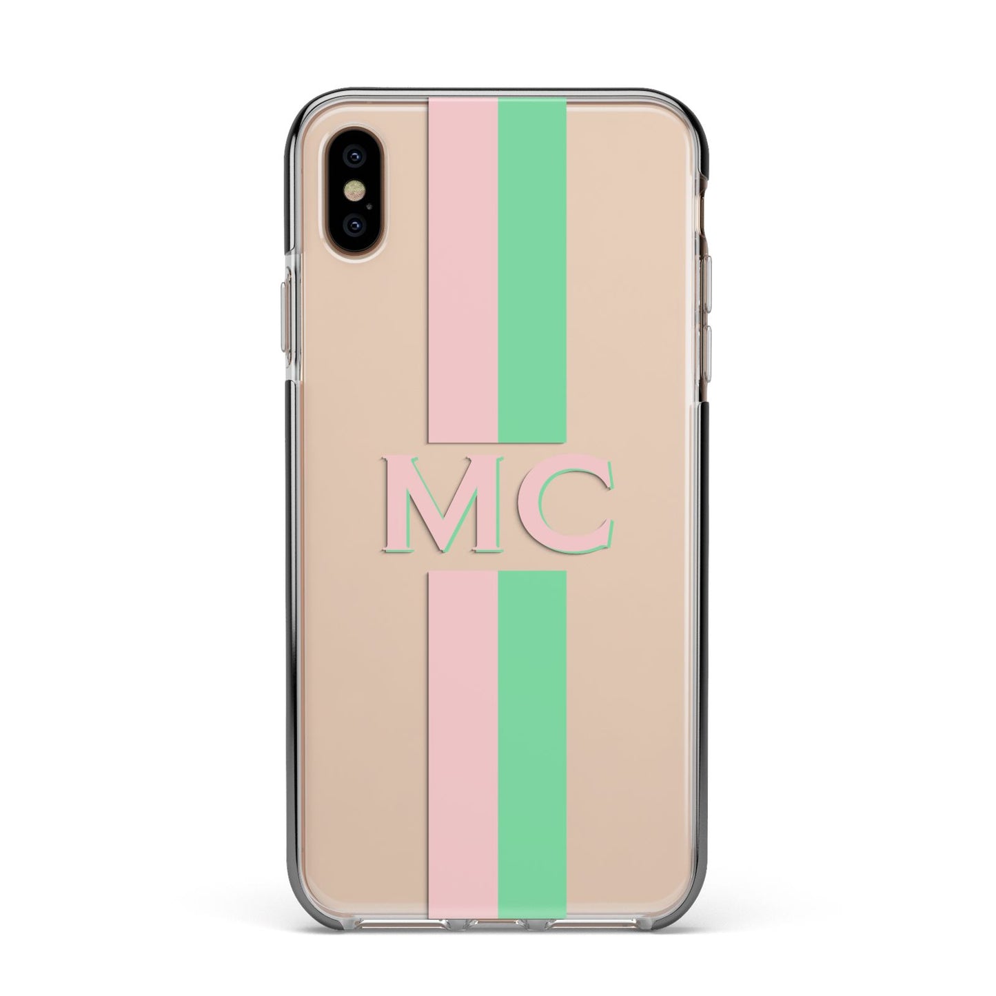 Personalised Transparent Striped Pink Green Apple iPhone Xs Max Impact Case Black Edge on Gold Phone