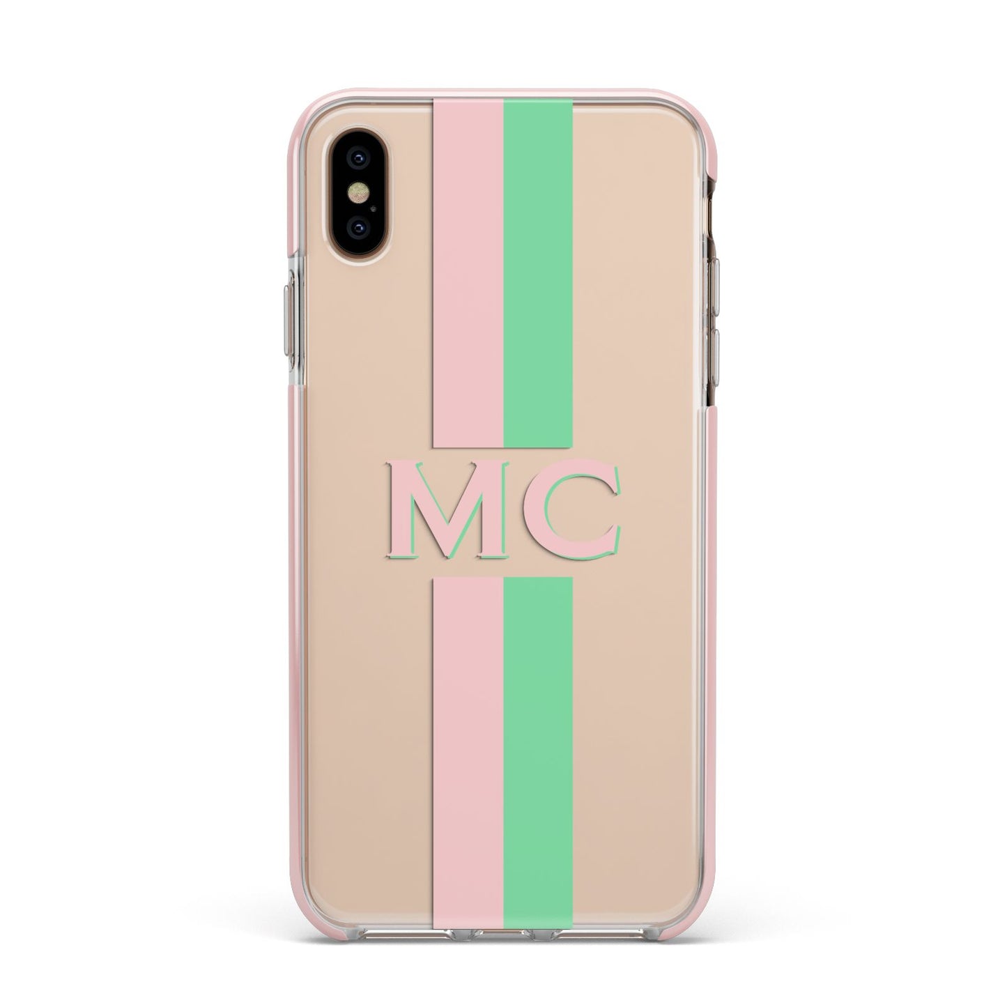 Personalised Transparent Striped Pink Green Apple iPhone Xs Max Impact Case Pink Edge on Gold Phone