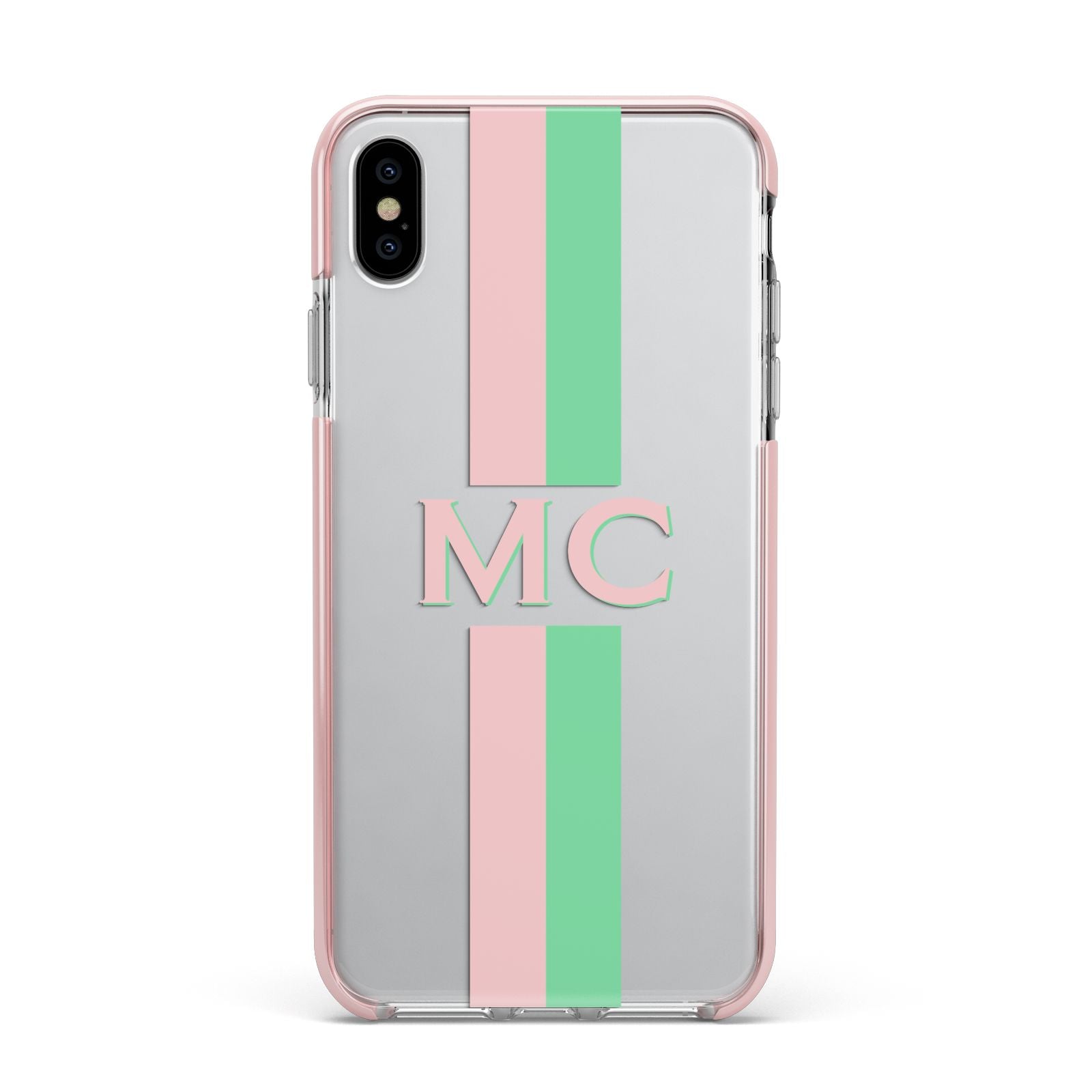 Personalised Transparent Striped Pink Green Apple iPhone Xs Max Impact Case Pink Edge on Silver Phone