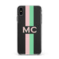 Personalised Transparent Striped Pink Green Apple iPhone Xs Max Impact Case White Edge on Black Phone