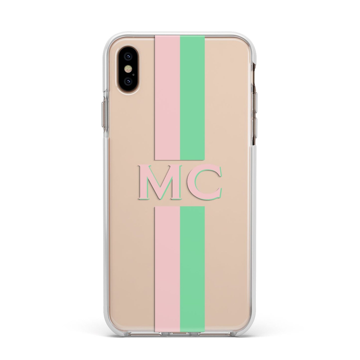 Personalised Transparent Striped Pink Green Apple iPhone Xs Max Impact Case White Edge on Gold Phone