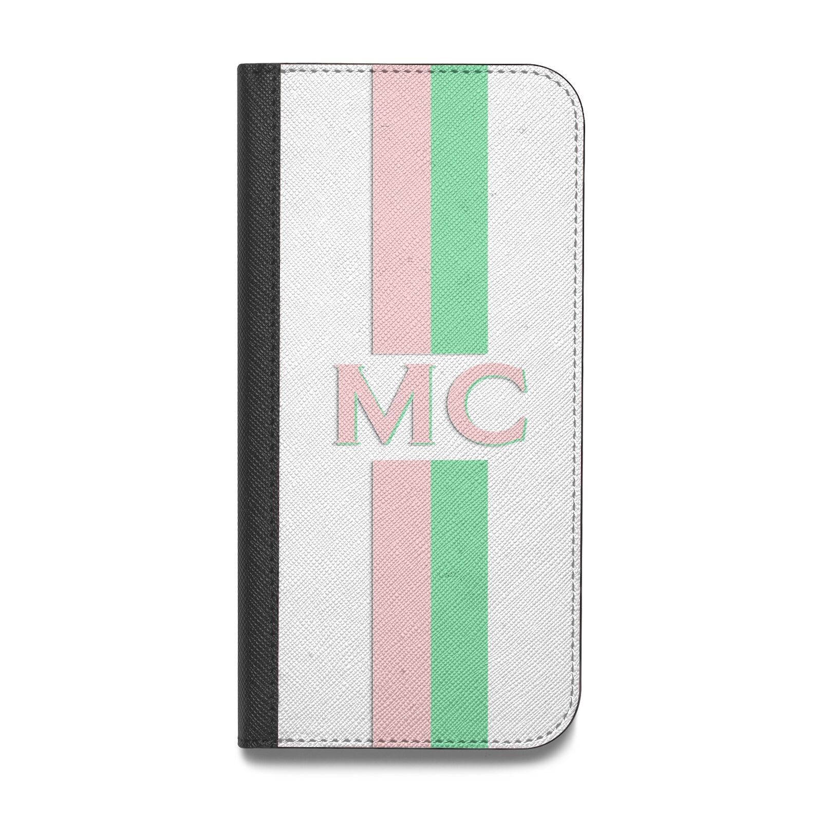 Personalised Transparent Striped Pink Green Vegan Leather Flip iPhone Case