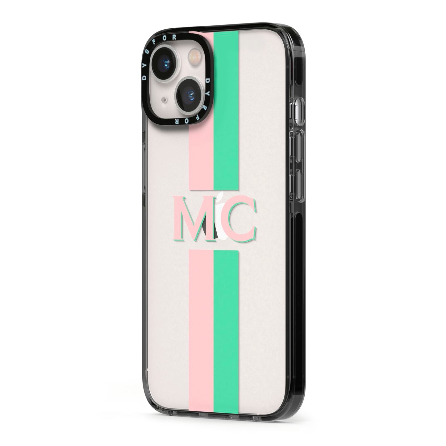 Personalised Transparent Striped Pink Green iPhone 13 Black Impact Case Side Angle on Silver phone