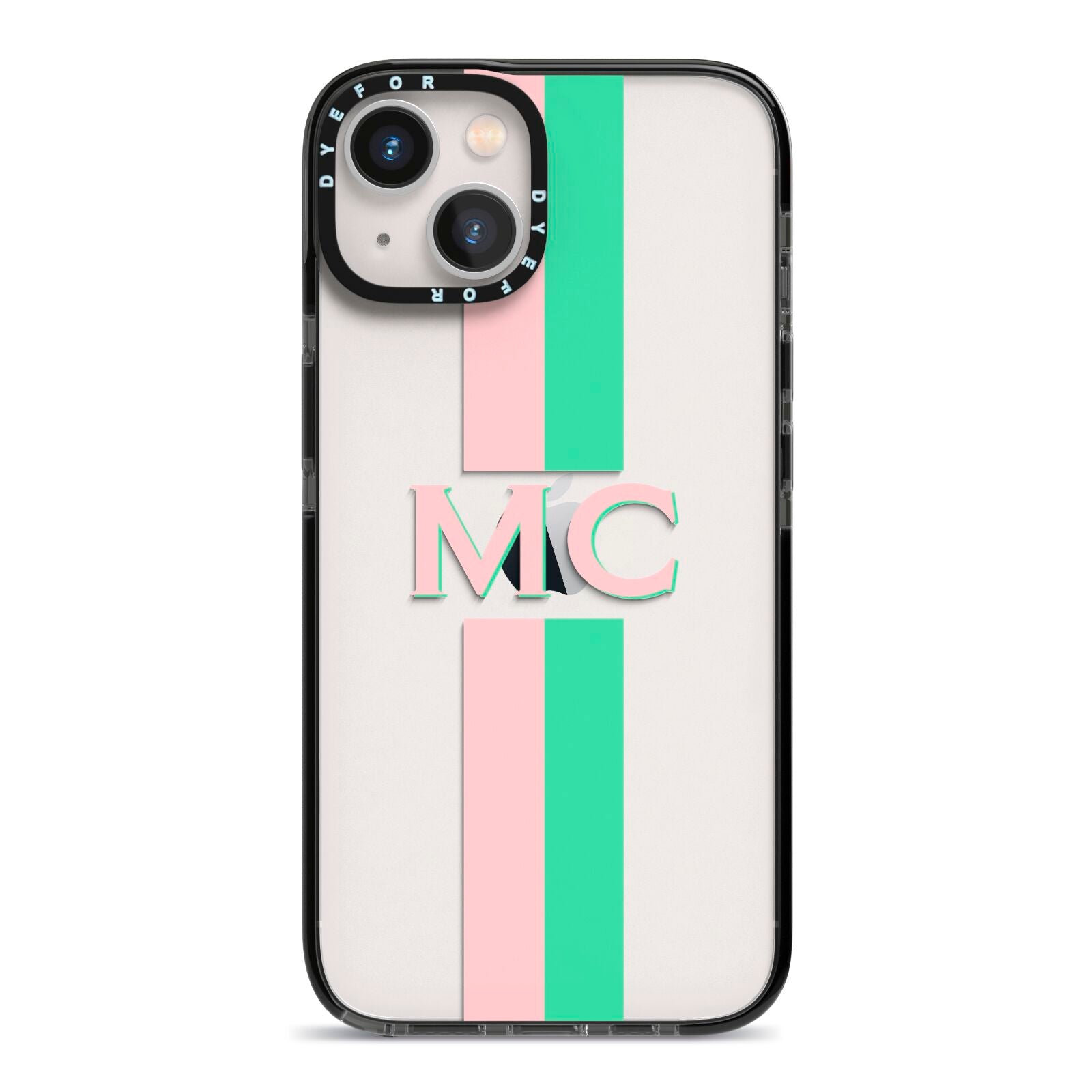 Personalised Transparent Striped Pink Green iPhone 13 Black Impact Case on Silver phone