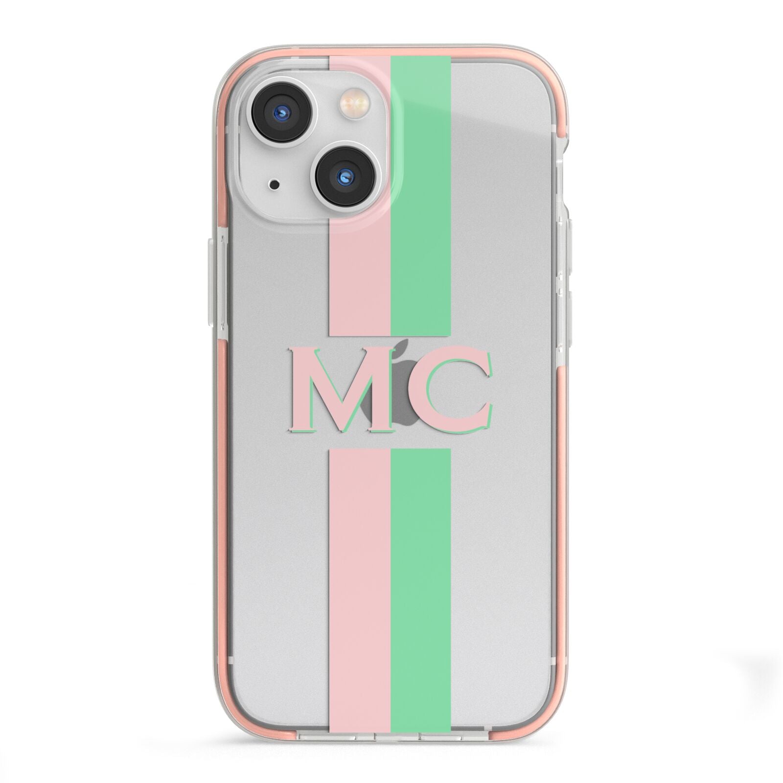 Personalised Transparent Striped Pink Green iPhone 13 Mini TPU Impact Case with Pink Edges