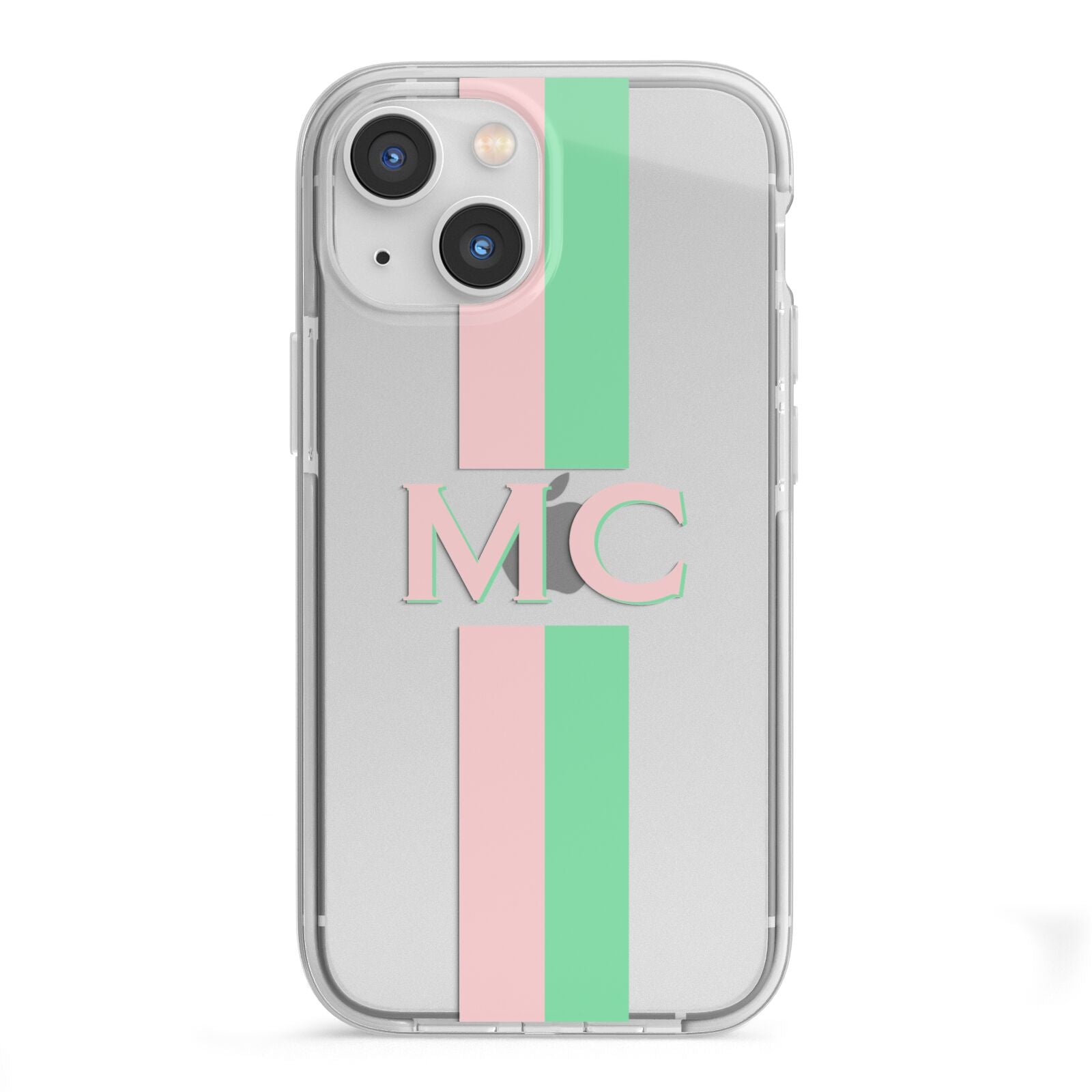 Personalised Transparent Striped Pink Green iPhone 13 Mini TPU Impact Case with White Edges