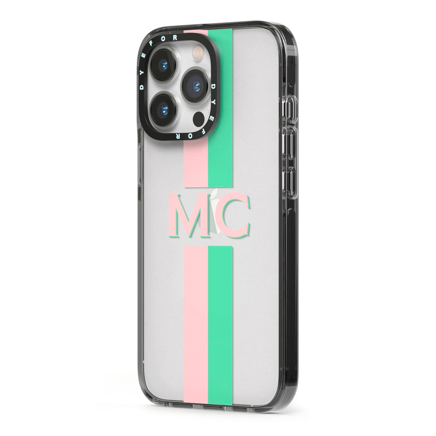 Personalised Transparent Striped Pink Green iPhone 13 Pro Black Impact Case Side Angle on Silver phone