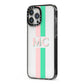 Personalised Transparent Striped Pink Green iPhone 13 Pro Max Black Impact Case Side Angle on Silver phone
