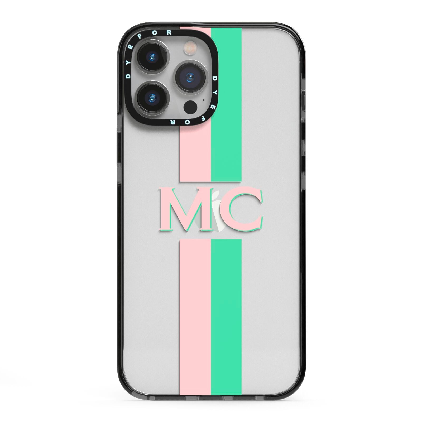 Personalised Transparent Striped Pink Green iPhone 13 Pro Max Black Impact Case on Silver phone