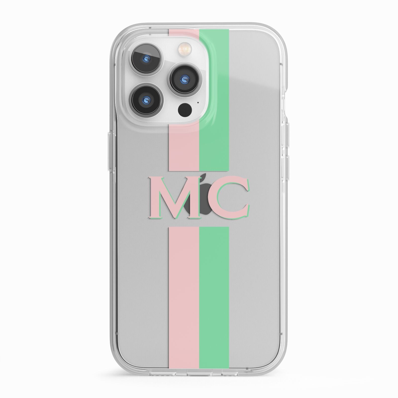 Personalised Transparent Striped Pink Green iPhone 13 Pro TPU Impact Case with White Edges