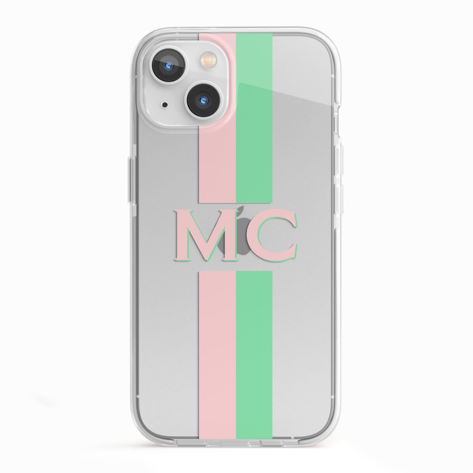 Personalised Transparent Striped Pink Green iPhone 13 TPU Impact Case with White Edges